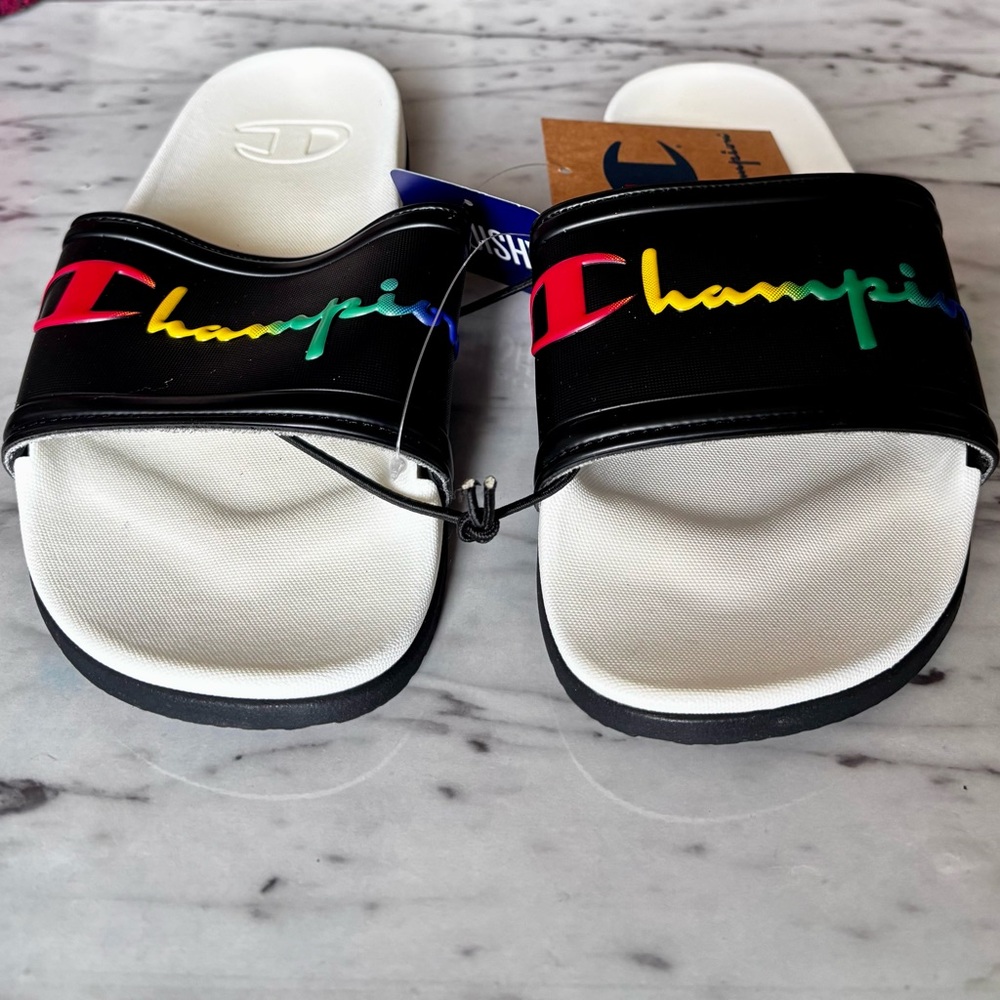 Size 7 women Champion Black and White Slides with Multicolor Logo